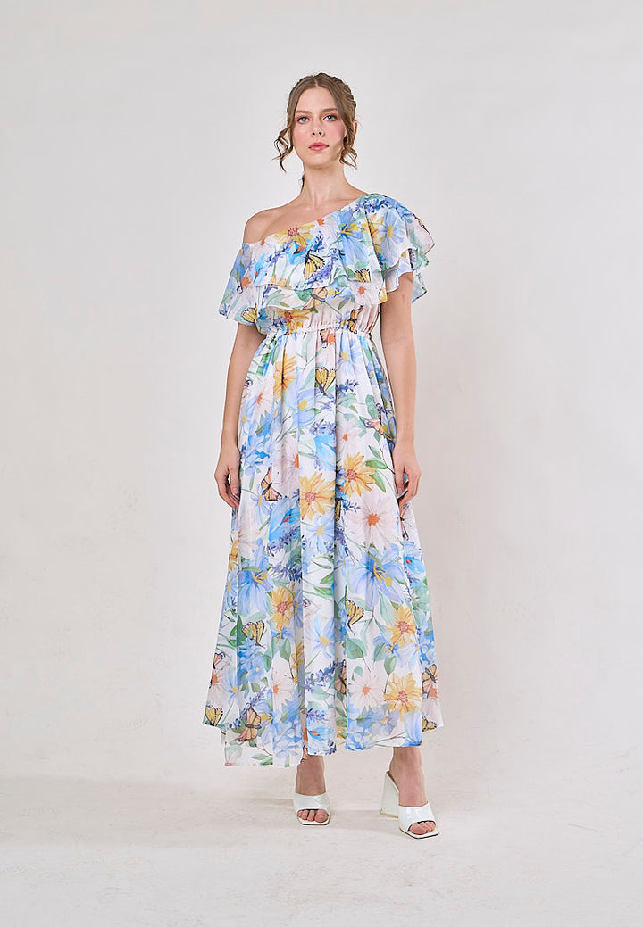 Thanh Blue Floral Pint Smocked Waist  Asymetrical Maxi Dress