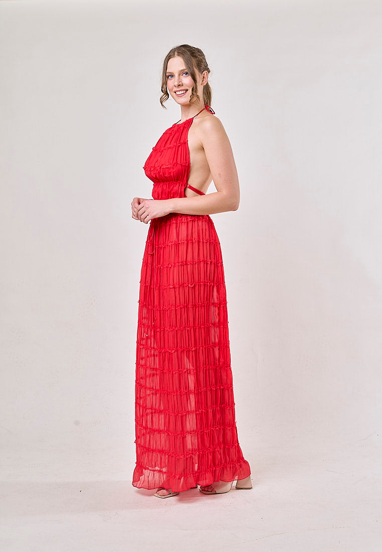 Odette Red Halter Neck Ruffled Ruching Top And Maxi Skirt Set