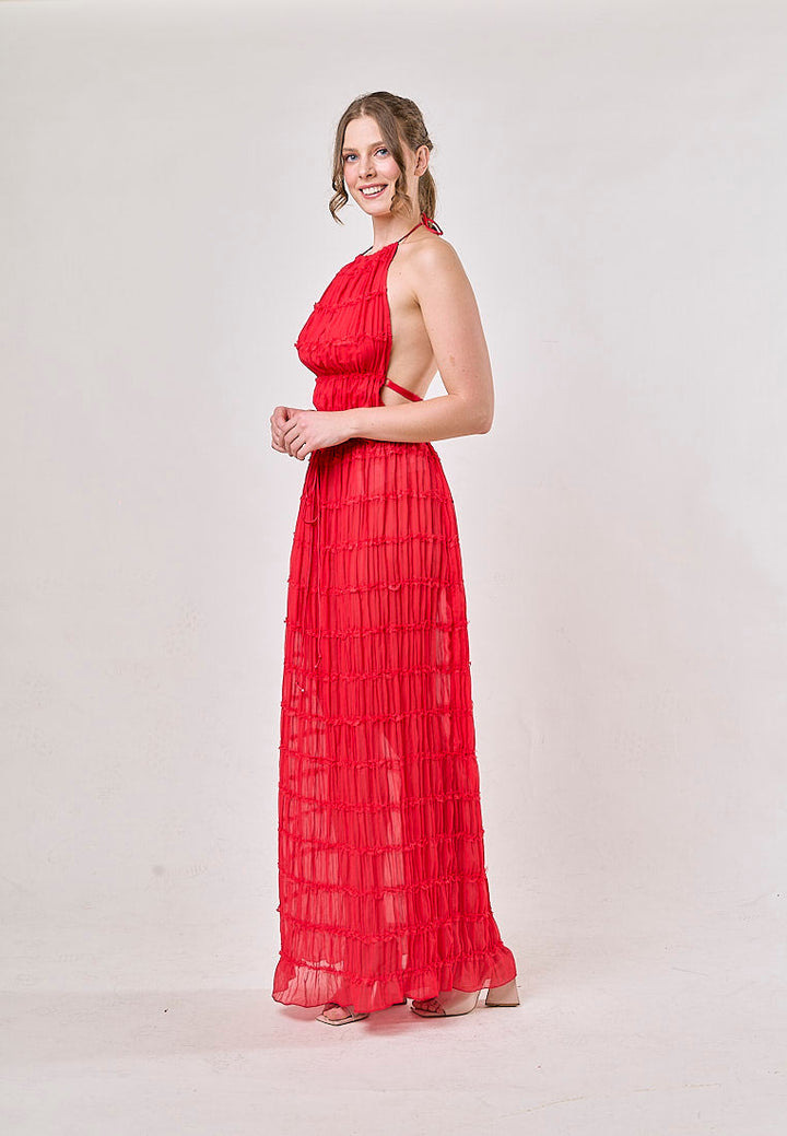 Odette Red Halter Neck Ruffled Ruching Top And Maxi Skirt Set
