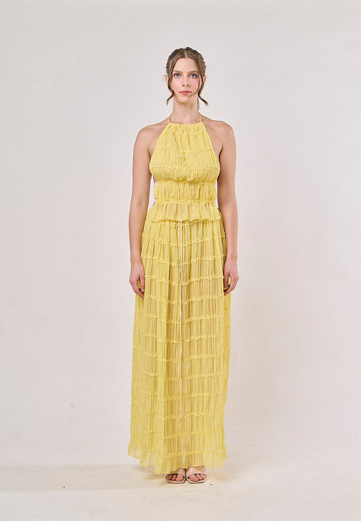 Odette Yellow Halter Neck Ruffled Ruching Top And  Maxi Skirt Set