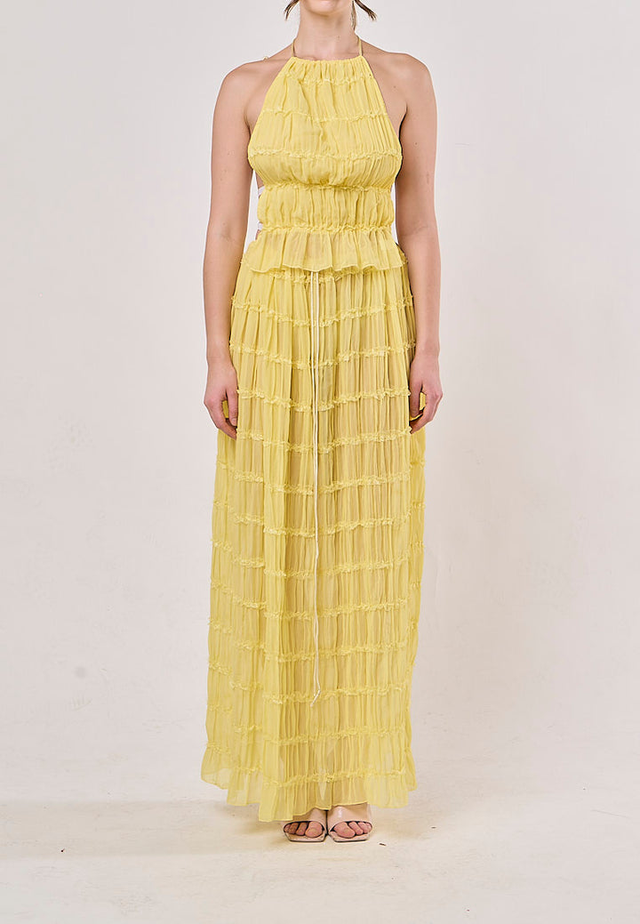 Odette Yellow Halter Neck Ruffled Ruching Top And  Maxi Skirt Set