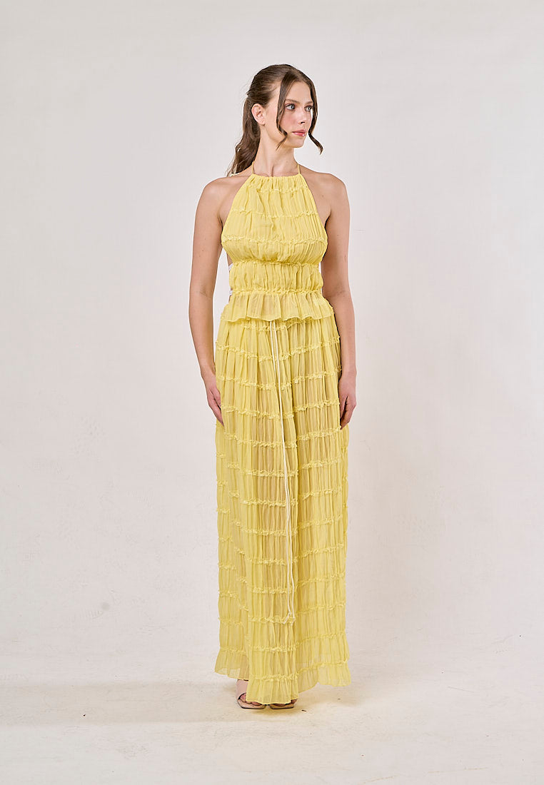 Odette Yellow Halter Neck Ruffled Ruching Top And  Maxi Skirt Set