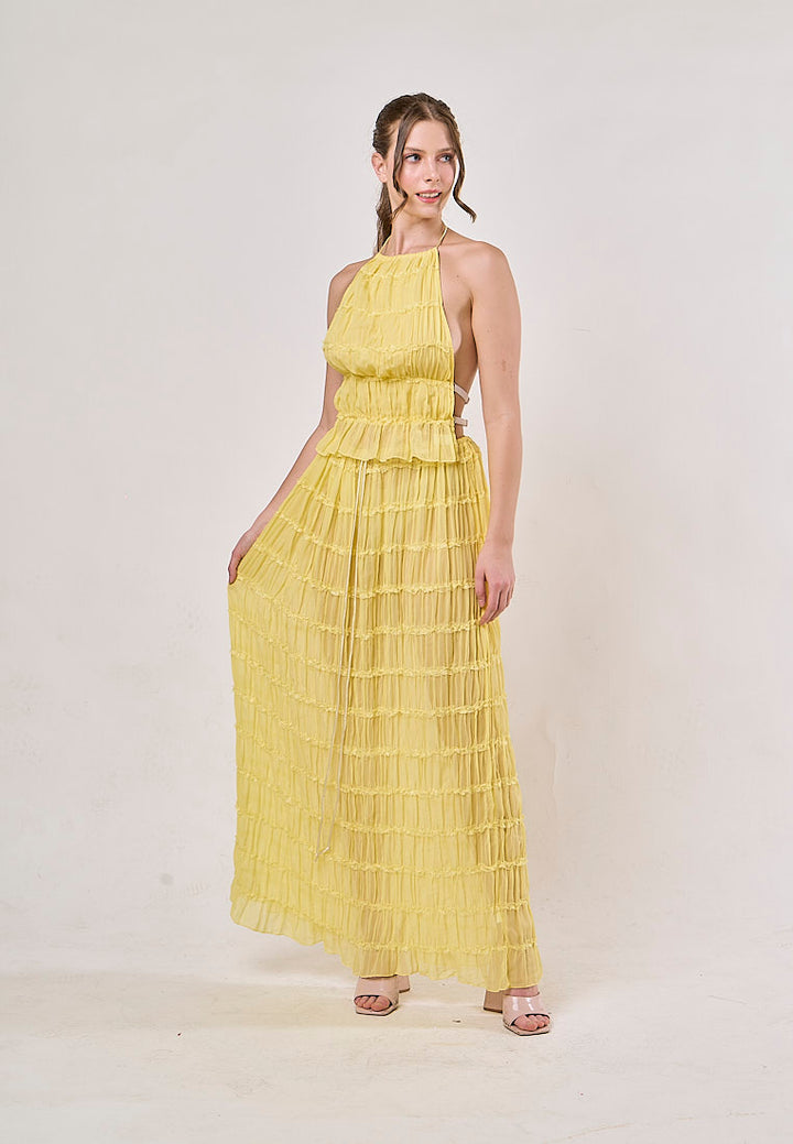 Odette Yellow Halter Neck Ruffled Ruching Top And  Maxi Skirt Set