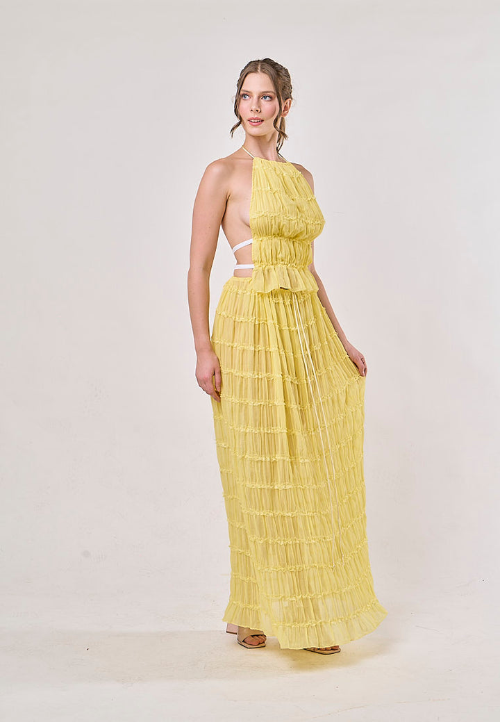 Odette Yellow Halter Neck Ruffled Ruching Top And  Maxi Skirt Set
