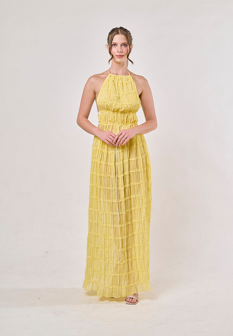 Odette Yellow Halter Neck Ruffled Ruching Top And  Maxi Skirt Set