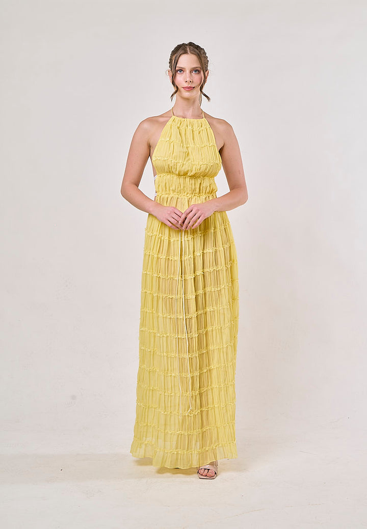 Odette Yellow Halter Neck Ruffled Ruching Top And  Maxi Skirt Set