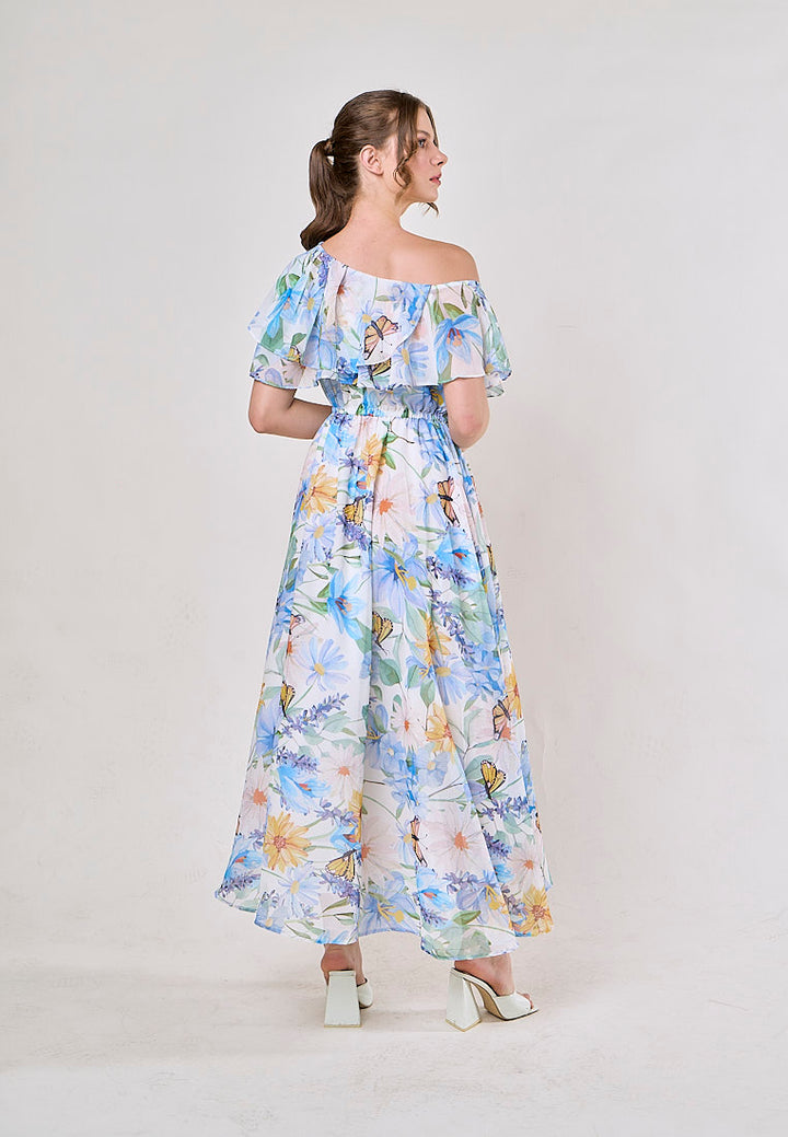 Thanh Blue Floral Pint Smocked Waist  Asymetrical Maxi Dress