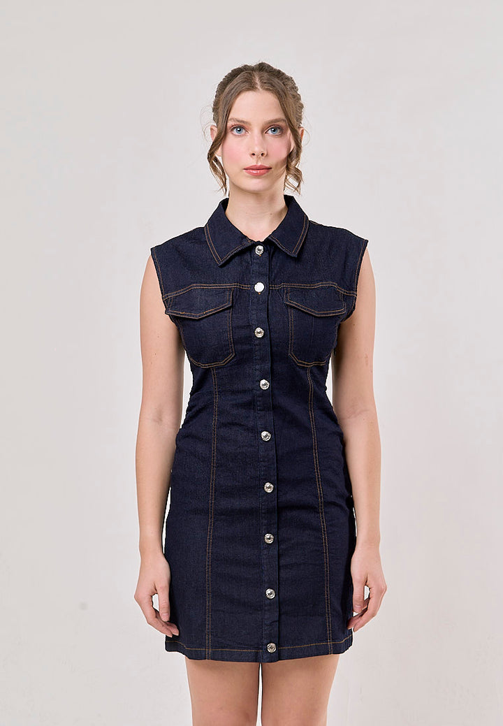 Opal Denim Turn Down Collar Buttons Up Denim Jeans Mini Dress