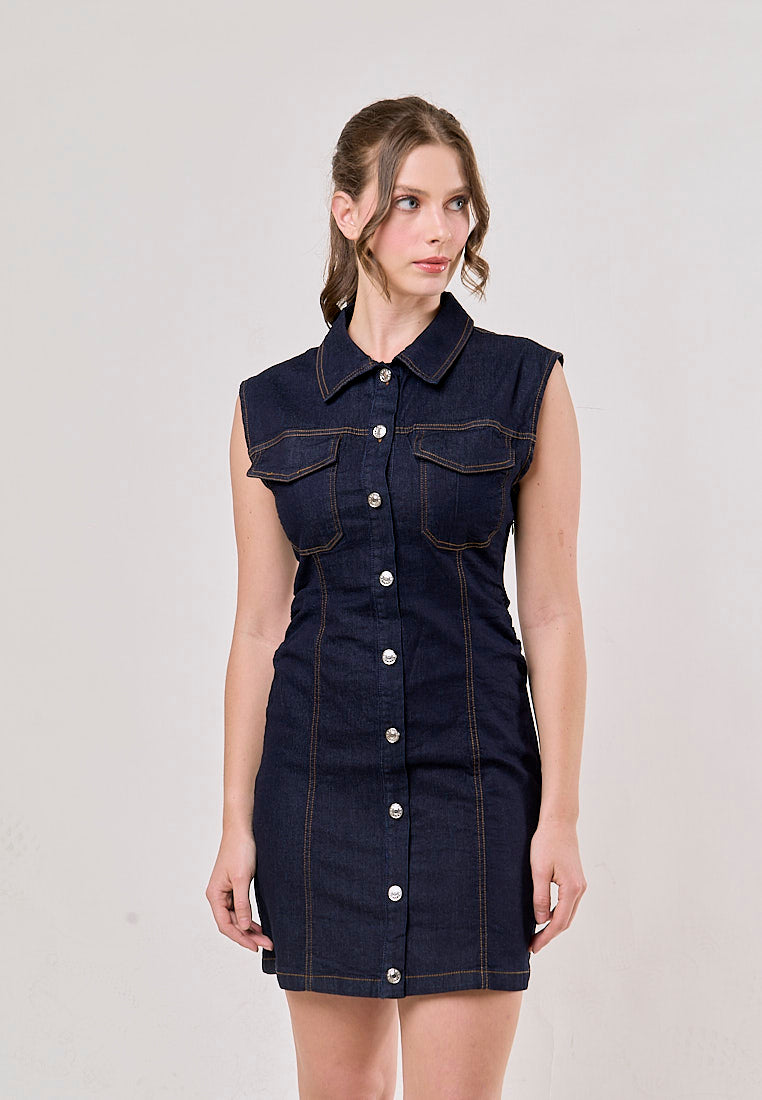 Opal Denim Turn Down Collar Buttons Up Denim Jeans Mini Dress