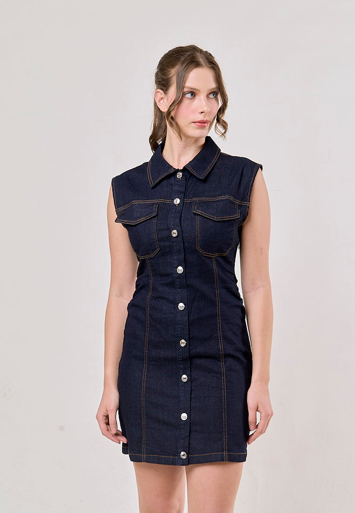 Opal Denim Turn Down Collar Buttons Up Denim Jeans Mini Dress
