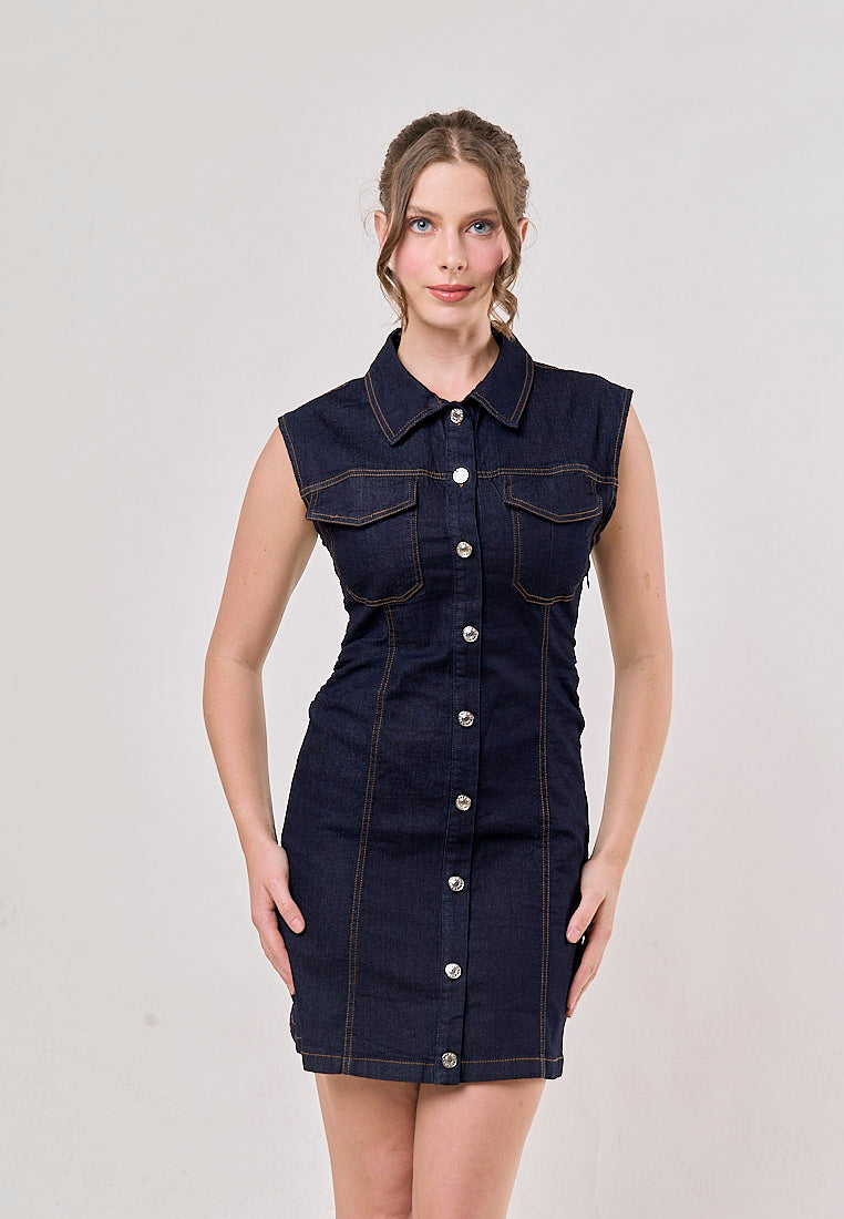 Opal Denim Turn Down Collar Buttons Up Denim Jeans Mini Dress