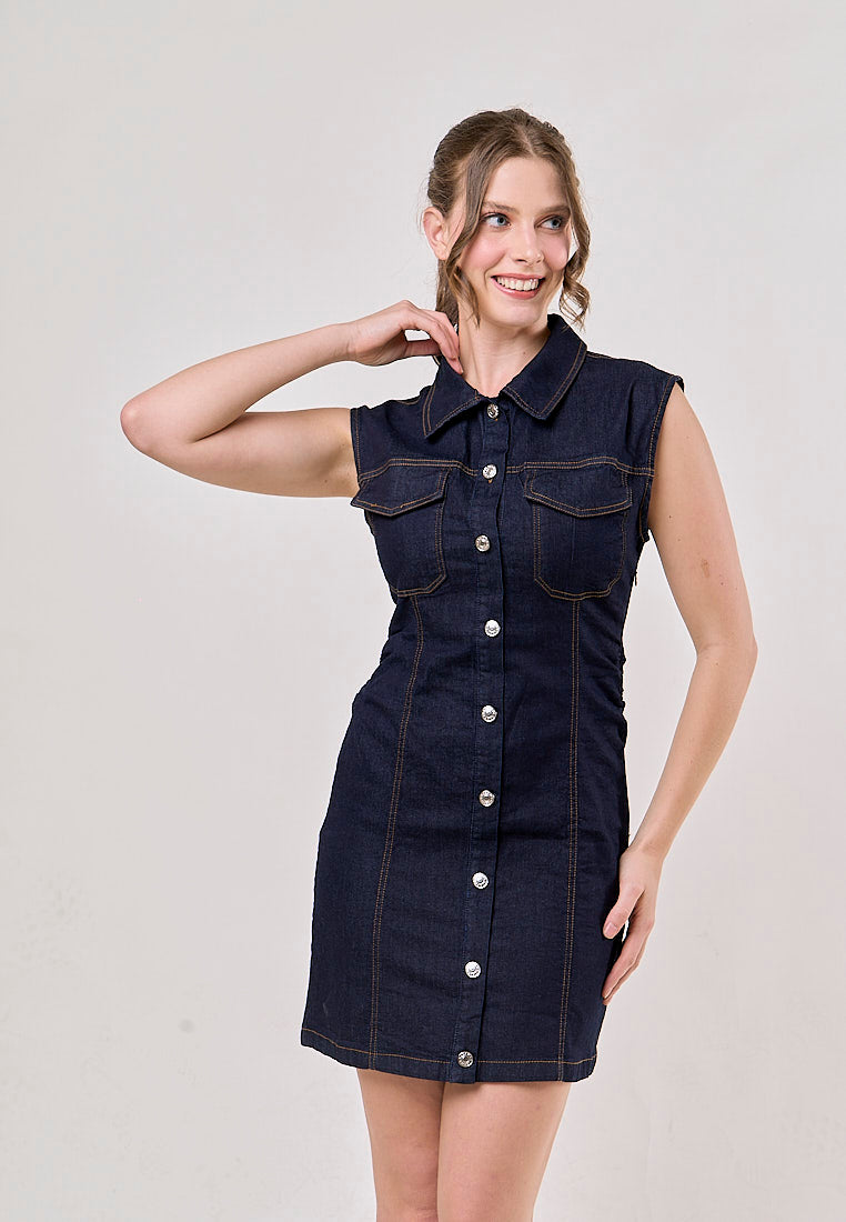 Opal Denim Turn Down Collar Buttons Up Denim Jeans Mini Dress
