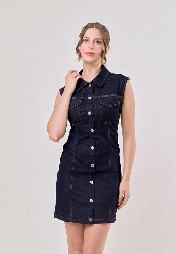 Opal Denim Turn Down Collar Buttons Up Denim Jeans Mini Dress