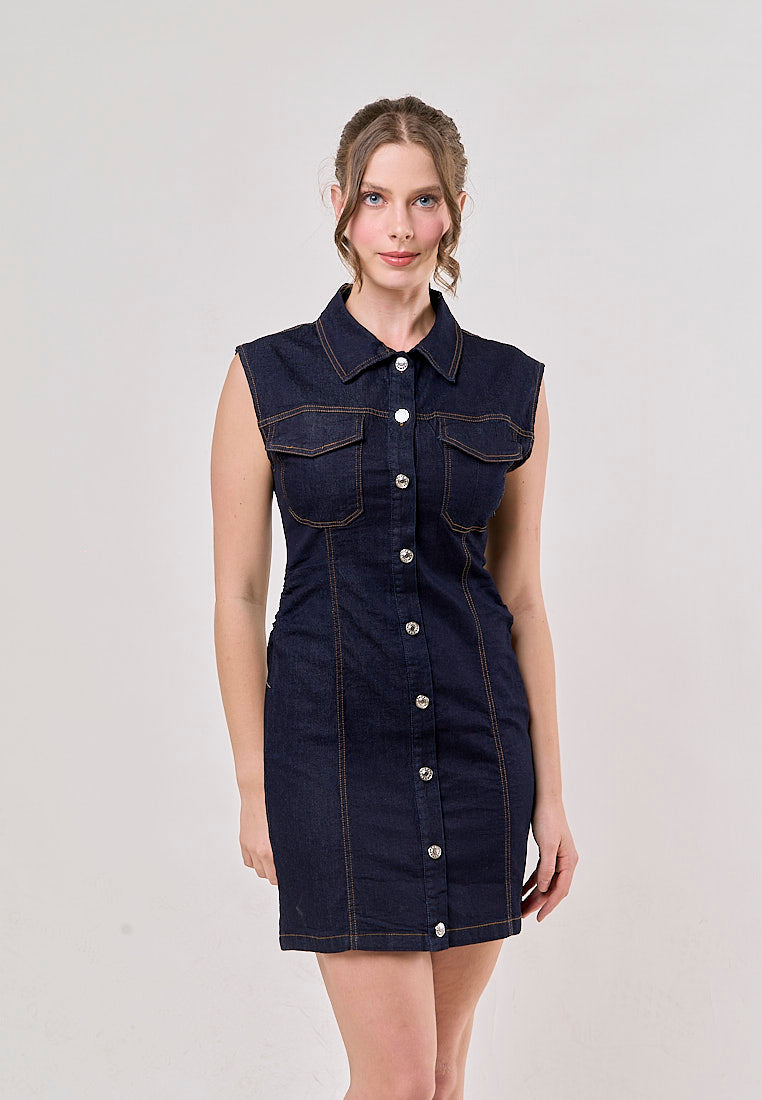 Opal Denim Turn Down Collar Buttons Up Denim Jeans Mini Dress