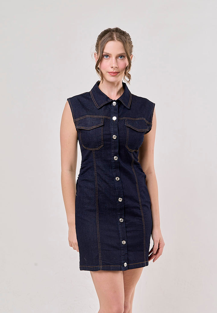 Opal Denim Turn Down Collar Buttons Up Denim Jeans Mini Dress