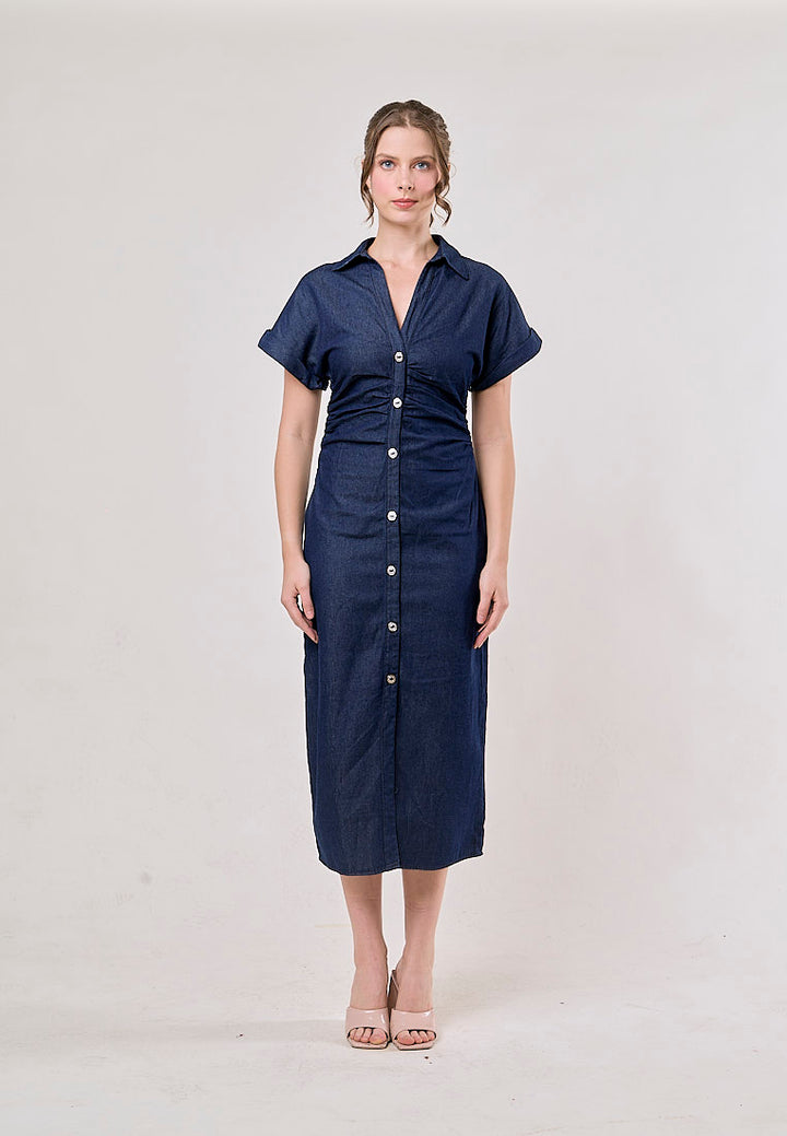 Luella Denim Blue  Buttons Up Pleated Casual Maxi Dress