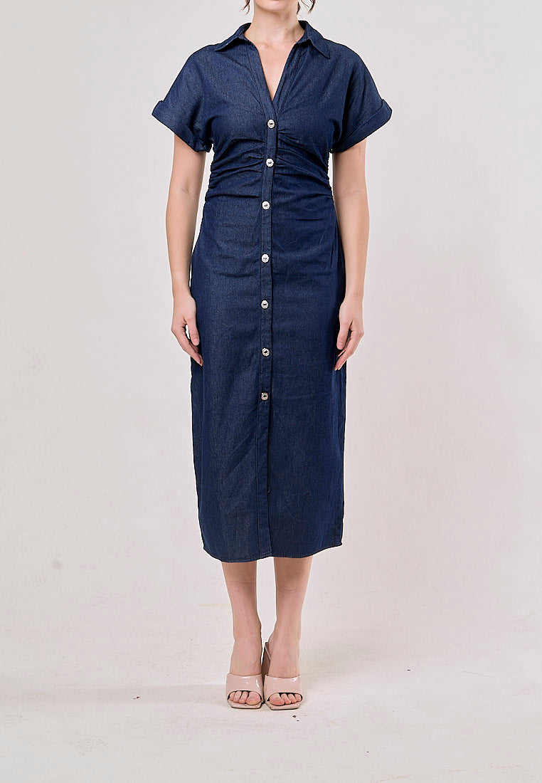Luella Denim Blue  Buttons Up Pleated Casual Maxi Dress