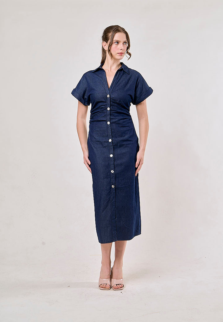 Luella Denim Blue  Buttons Up Pleated Casual Maxi Dress