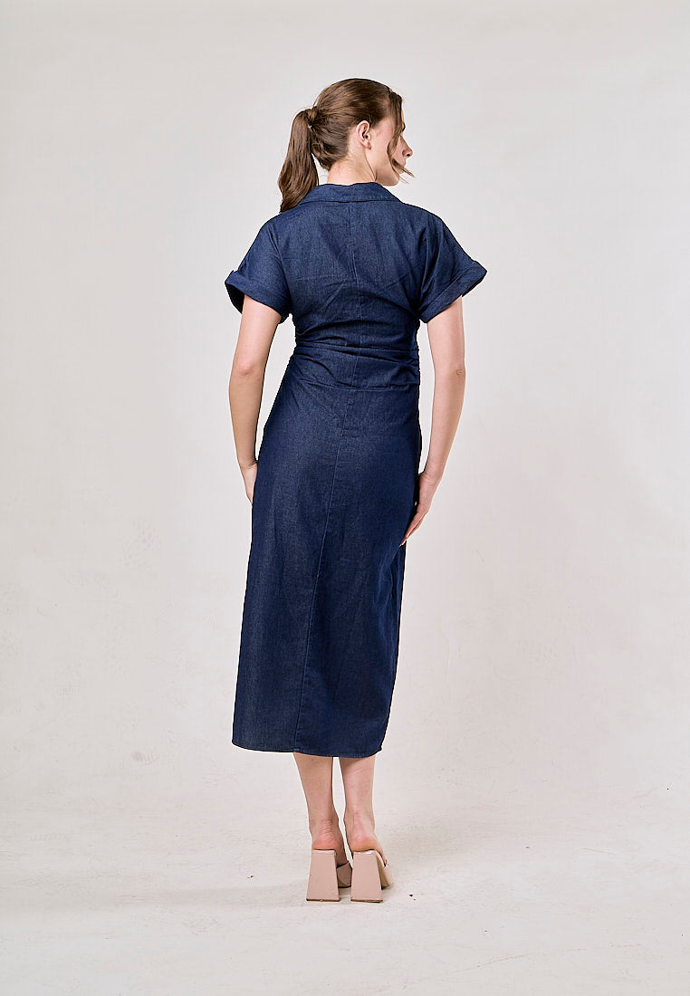 Luella Denim Blue  Buttons Up Pleated Casual Maxi Dress