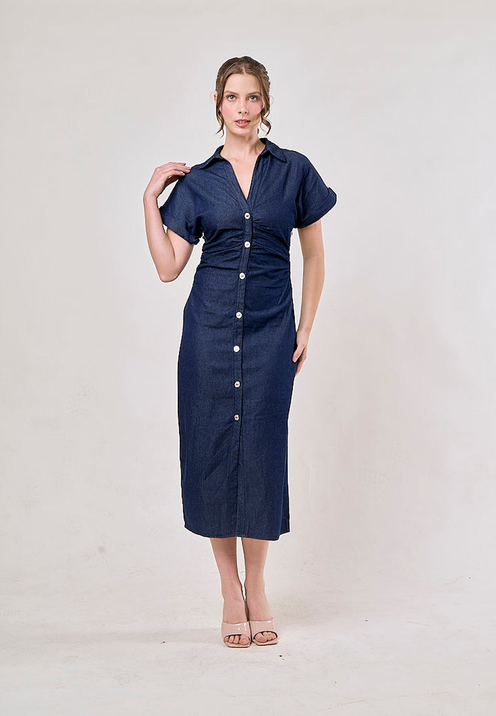 Luella Denim Blue  Buttons Up Pleated Casual Maxi Dress