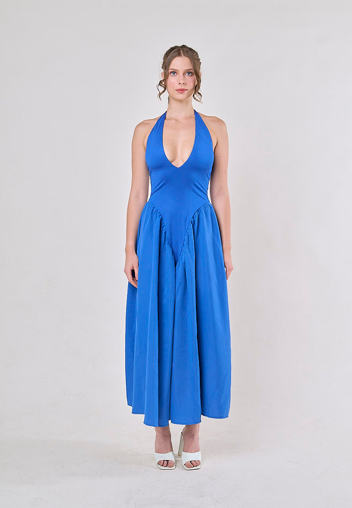 Dionysis Blue Halter Neck  Pleated Midi Dress