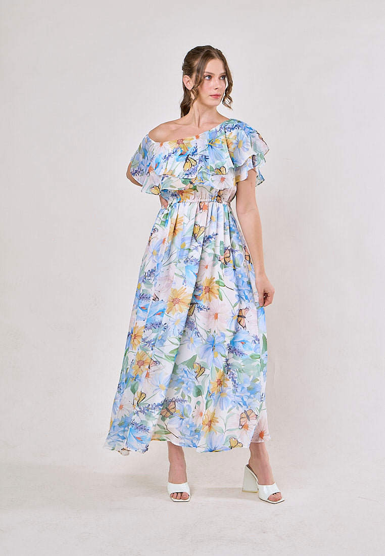 Thanh Blue Floral Pint Smocked Waist  Asymetrical Maxi Dress