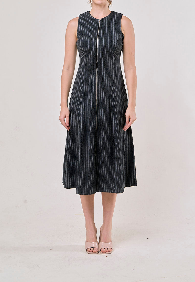 Elodie Gray Striped Sleeveless Zipper Fly Maxi Dress