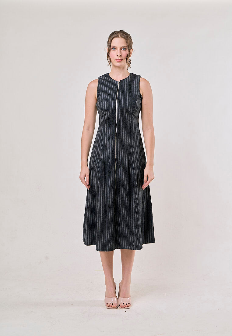 Elodie Gray Striped Sleeveless Zipper Fly Maxi Dress