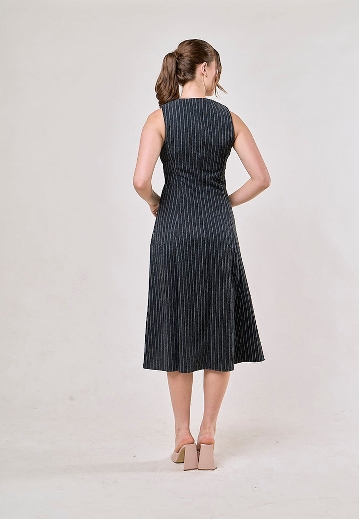 Elodie Gray Striped Sleeveless Zipper Fly Maxi Dress
