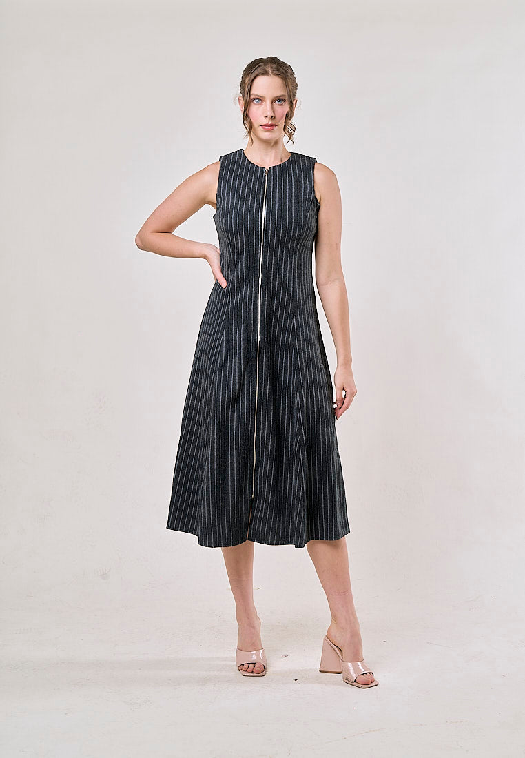Elodie Gray Striped Sleeveless Zipper Fly Maxi Dress