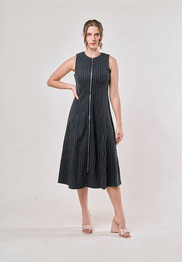 Elodie Gray Striped Sleeveless Zipper Fly Maxi Dress
