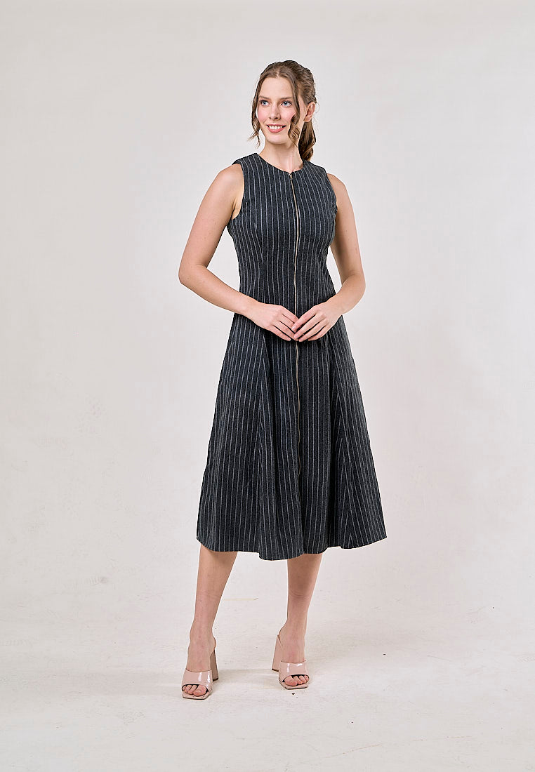 Elodie Gray Striped Sleeveless Zipper Fly Maxi Dress