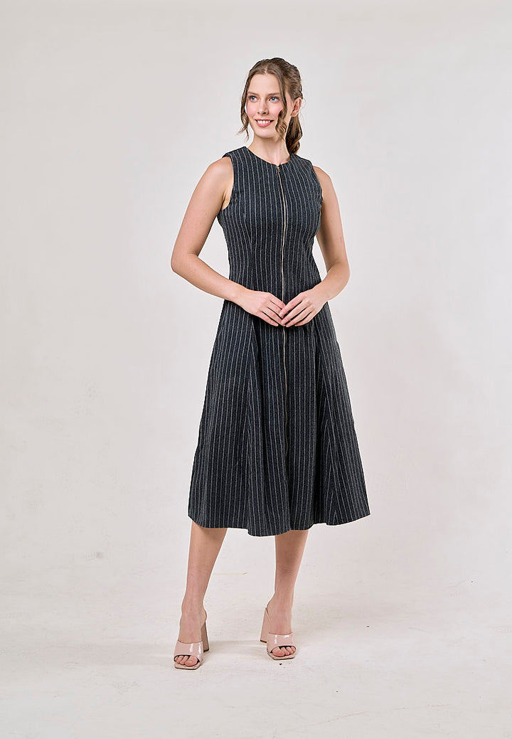 Elodie Gray Striped Sleeveless Zipper Fly Maxi Dress