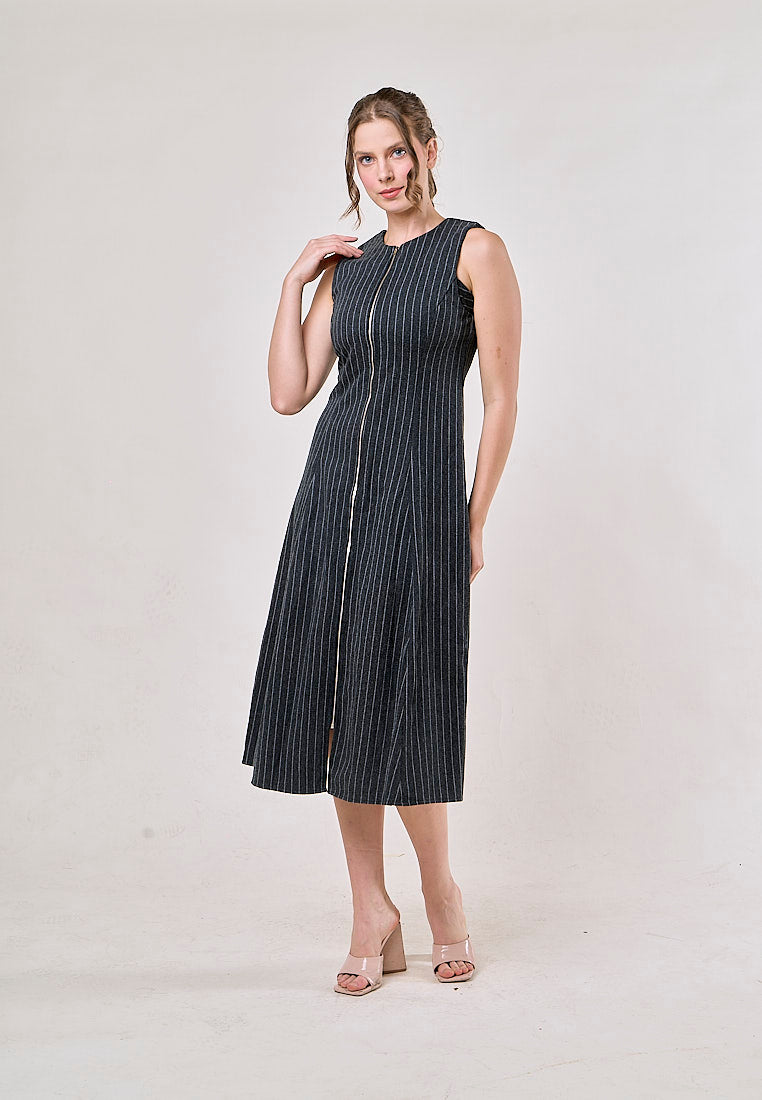 Elodie Gray Striped Sleeveless Zipper Fly Maxi Dress