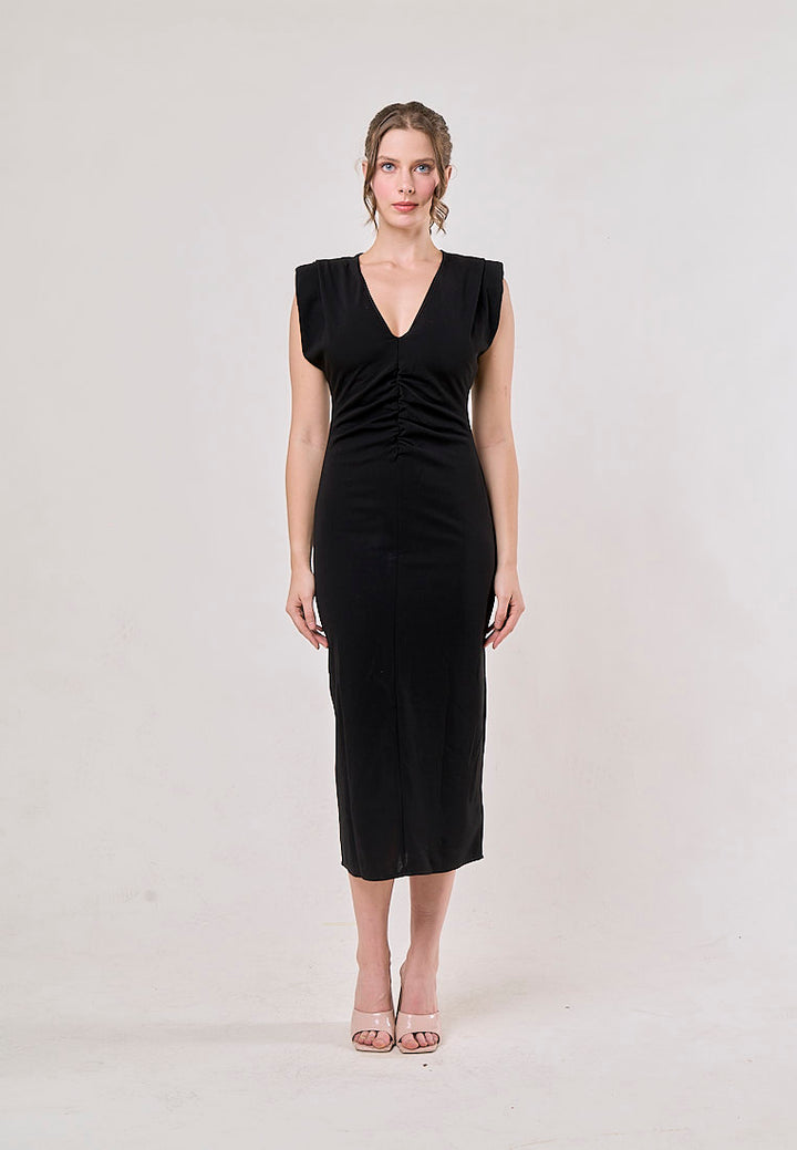 Yara  Black  V-Neck Shoulder Pad Slim Hip Midi Dress