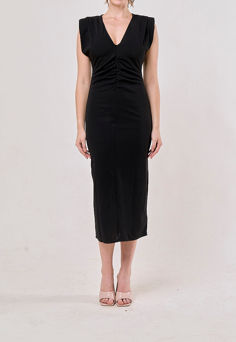 Yara  Black  V-Neck Shoulder Pad Slim Hip Midi Dress