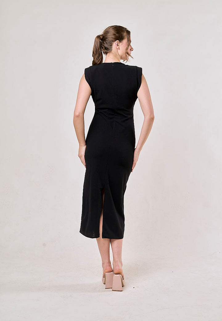 Yara  Black  V-Neck Shoulder Pad Slim Hip Midi Dress
