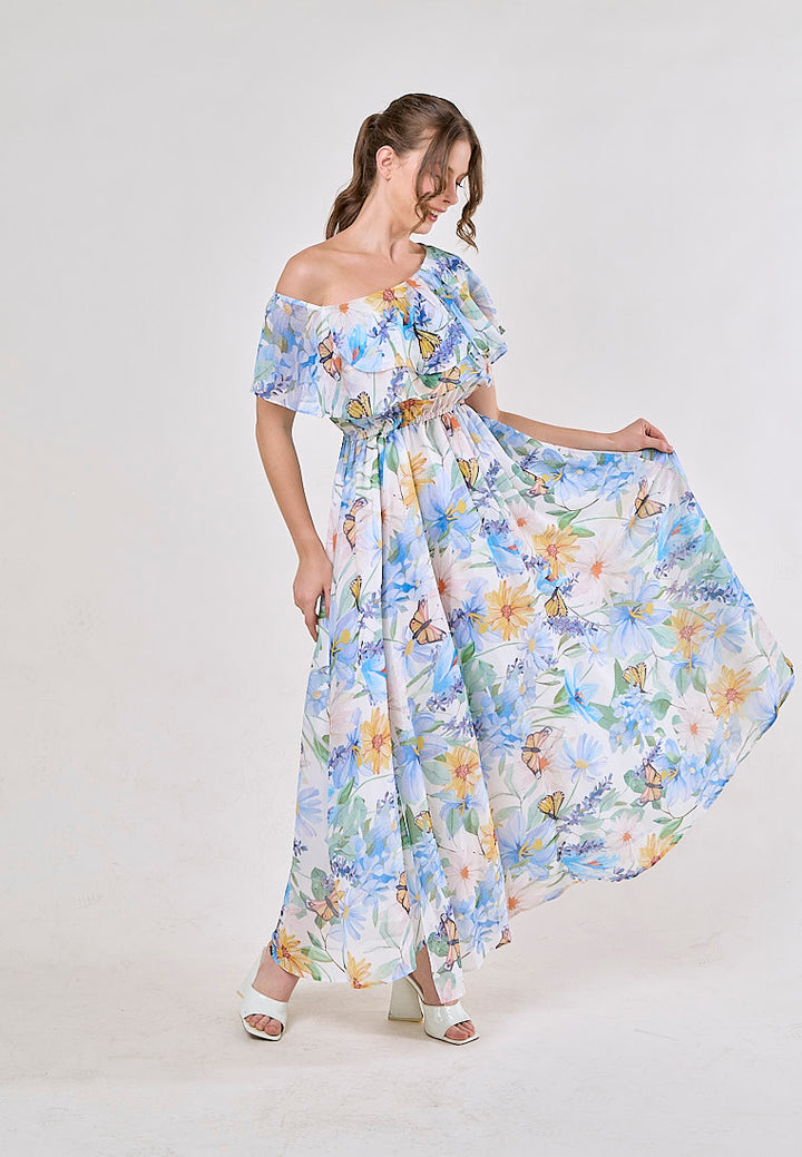 Thanh Blue Floral Pint Smocked Waist  Asymetrical Maxi Dress