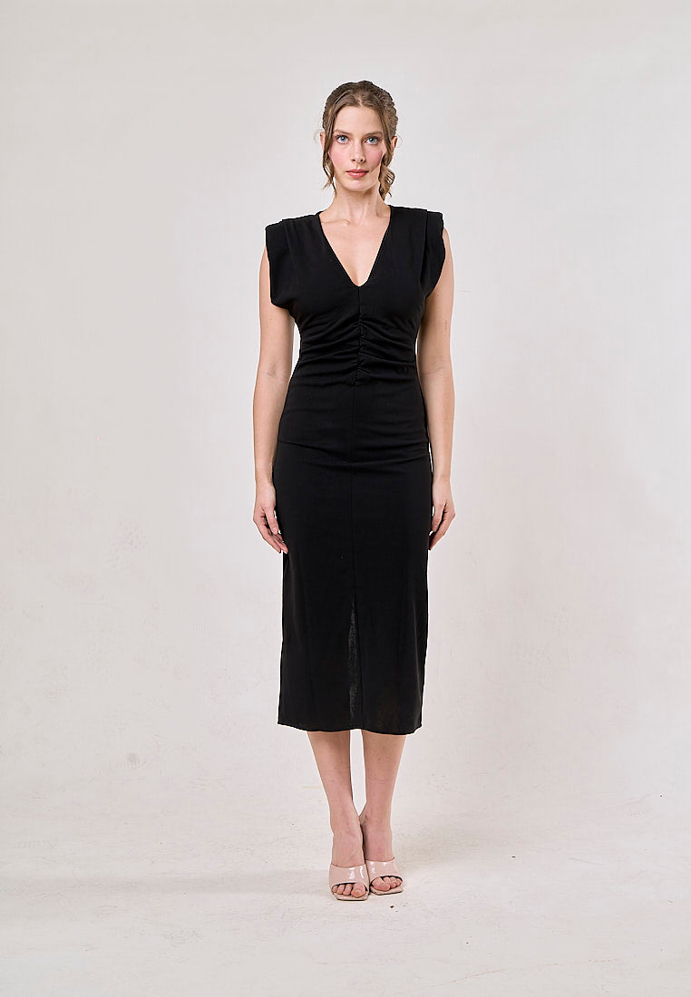 Yara  Black  V-Neck Shoulder Pad Slim Hip Midi Dress