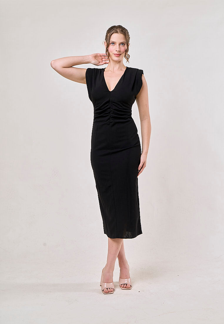 Yara  Black  V-Neck Shoulder Pad Slim Hip Midi Dress