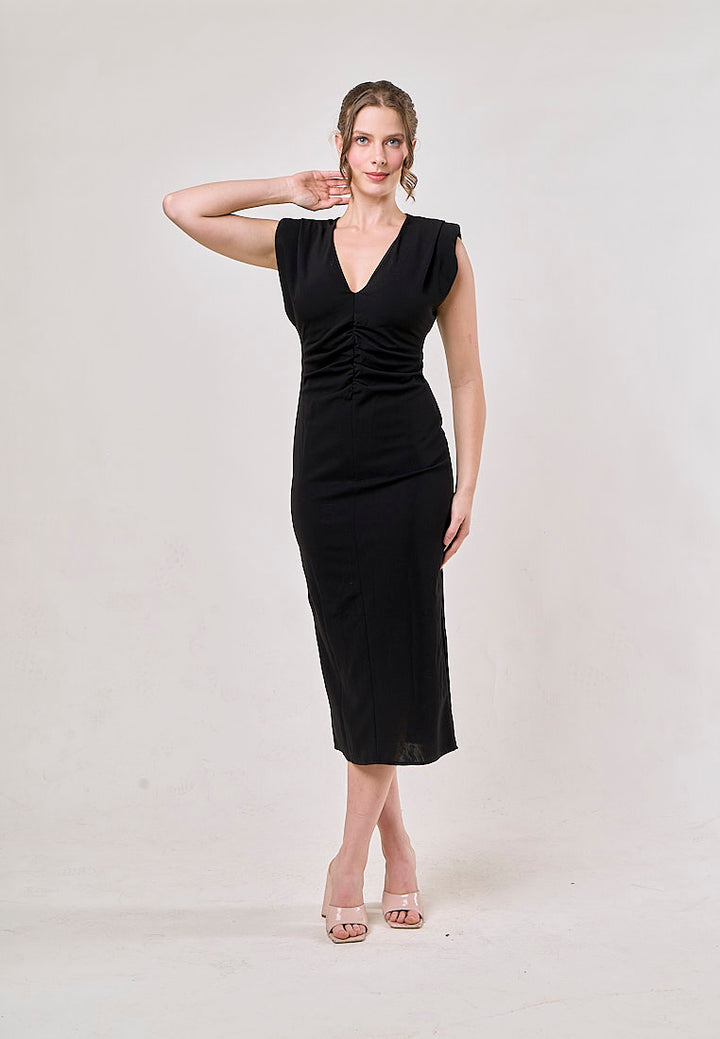 Yara  Black  V-Neck Shoulder Pad Slim Hip Midi Dress