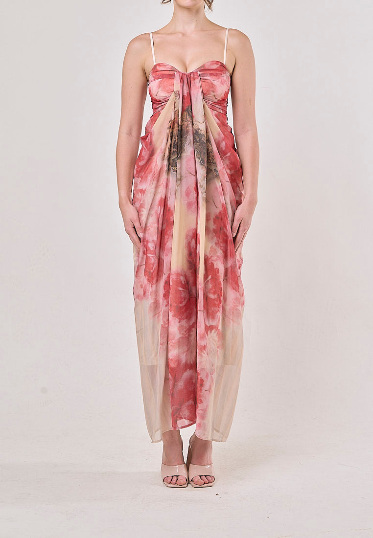 Nyx Red Sleeveless Vintage Floral Print Maxi Dress