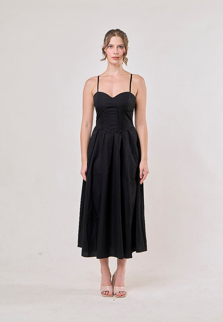 Karim Black A-Line Pleated Sleeveless Midi Dress
