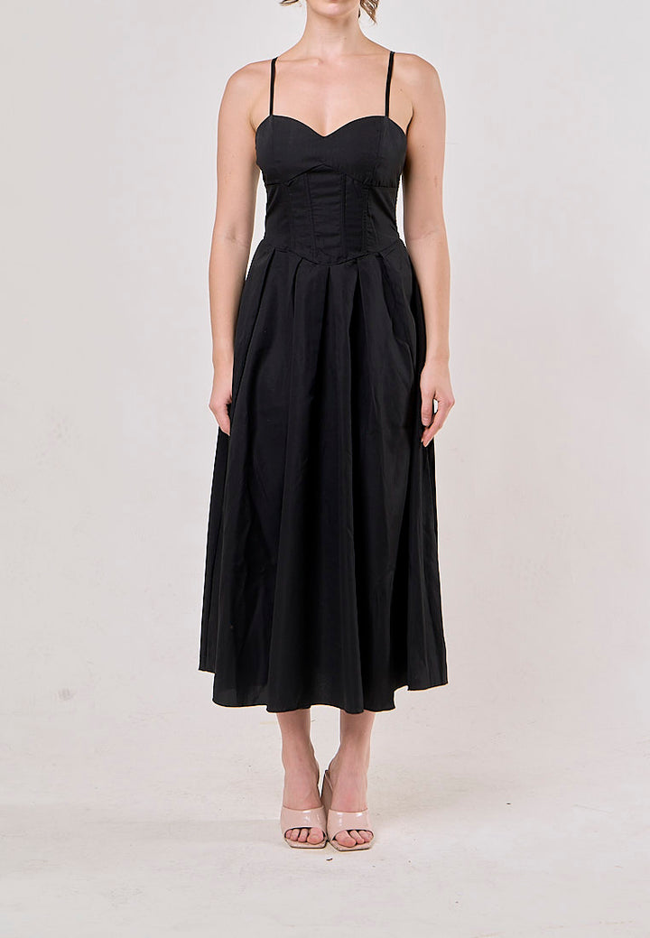 Karim Black A-Line Pleated Sleeveless Midi Dress
