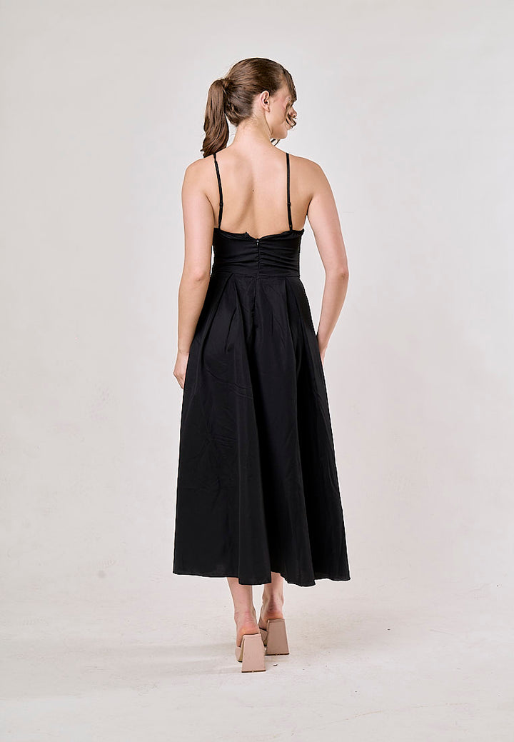 Karim Black A-Line Pleated Sleeveless Midi Dress