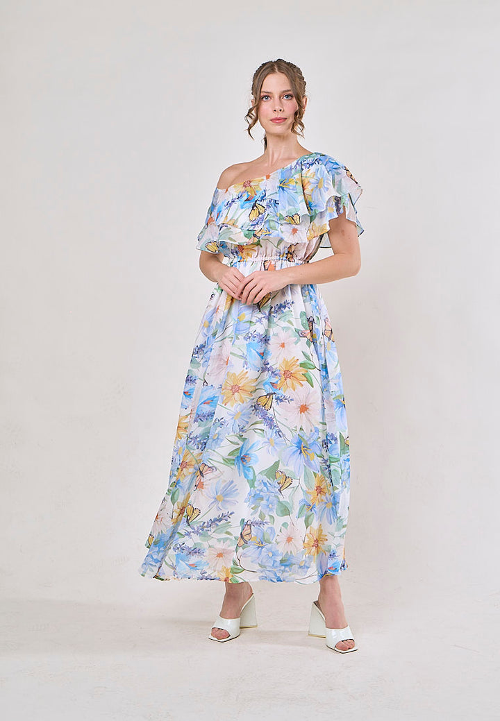 Thanh Blue Floral Pint Smocked Waist  Asymetrical Maxi Dress