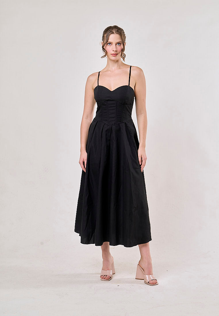 Karim Black A-Line Pleated Sleeveless Midi Dress