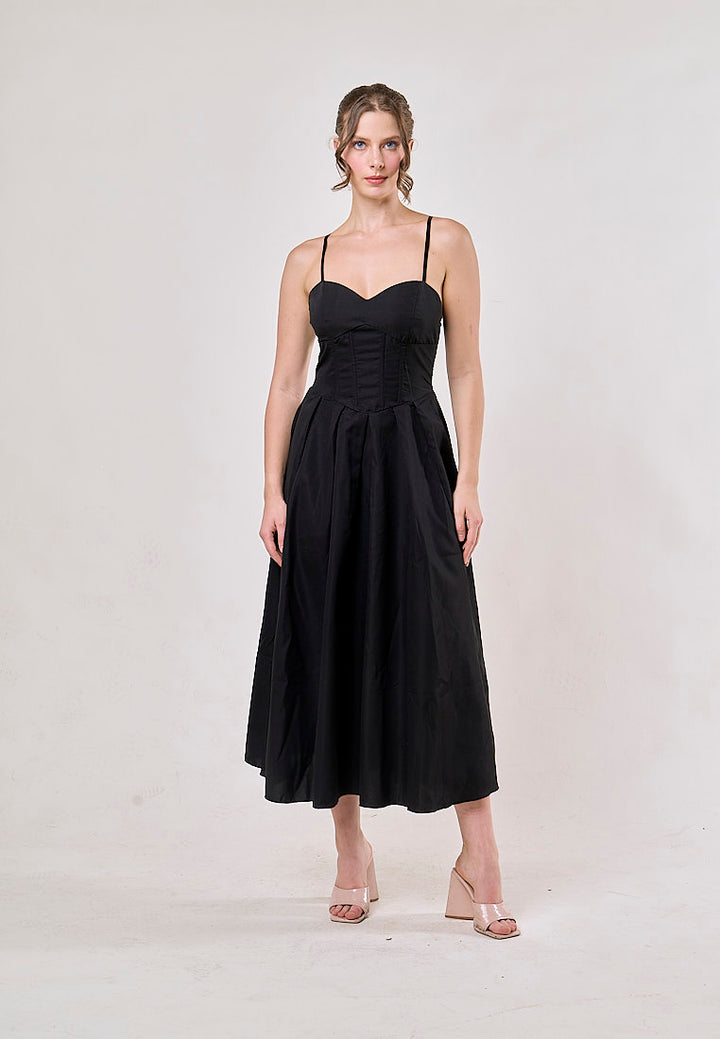 Karim Black A-Line Pleated Sleeveless Midi Dress
