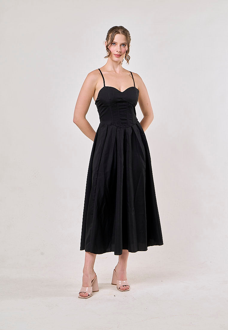 Karim Black A-Line Pleated Sleeveless Midi Dress