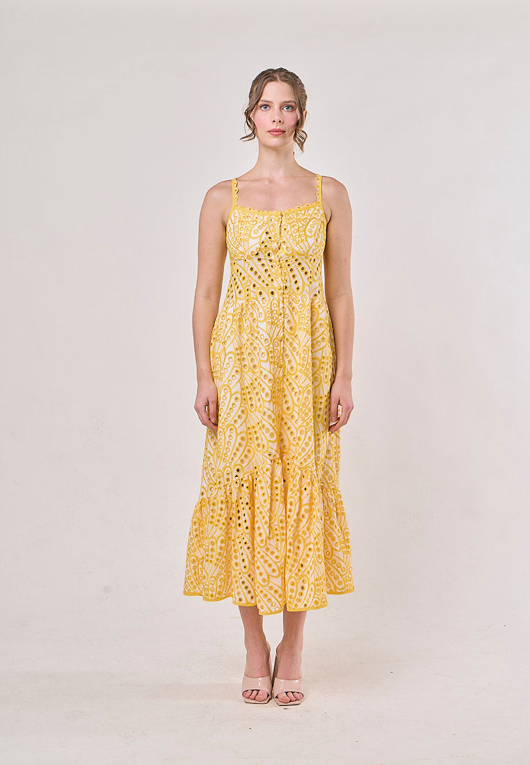Chandler Yellow Sleeveless Pleated  Eyelet Maxi Dress